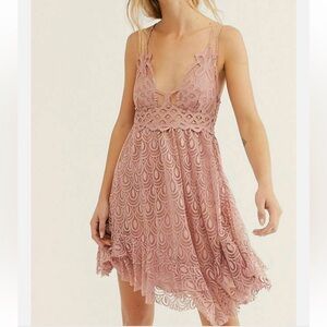 Free People Dress Womens S Pink Adella Lace Slip Dress Lace Boho Festival EUC!